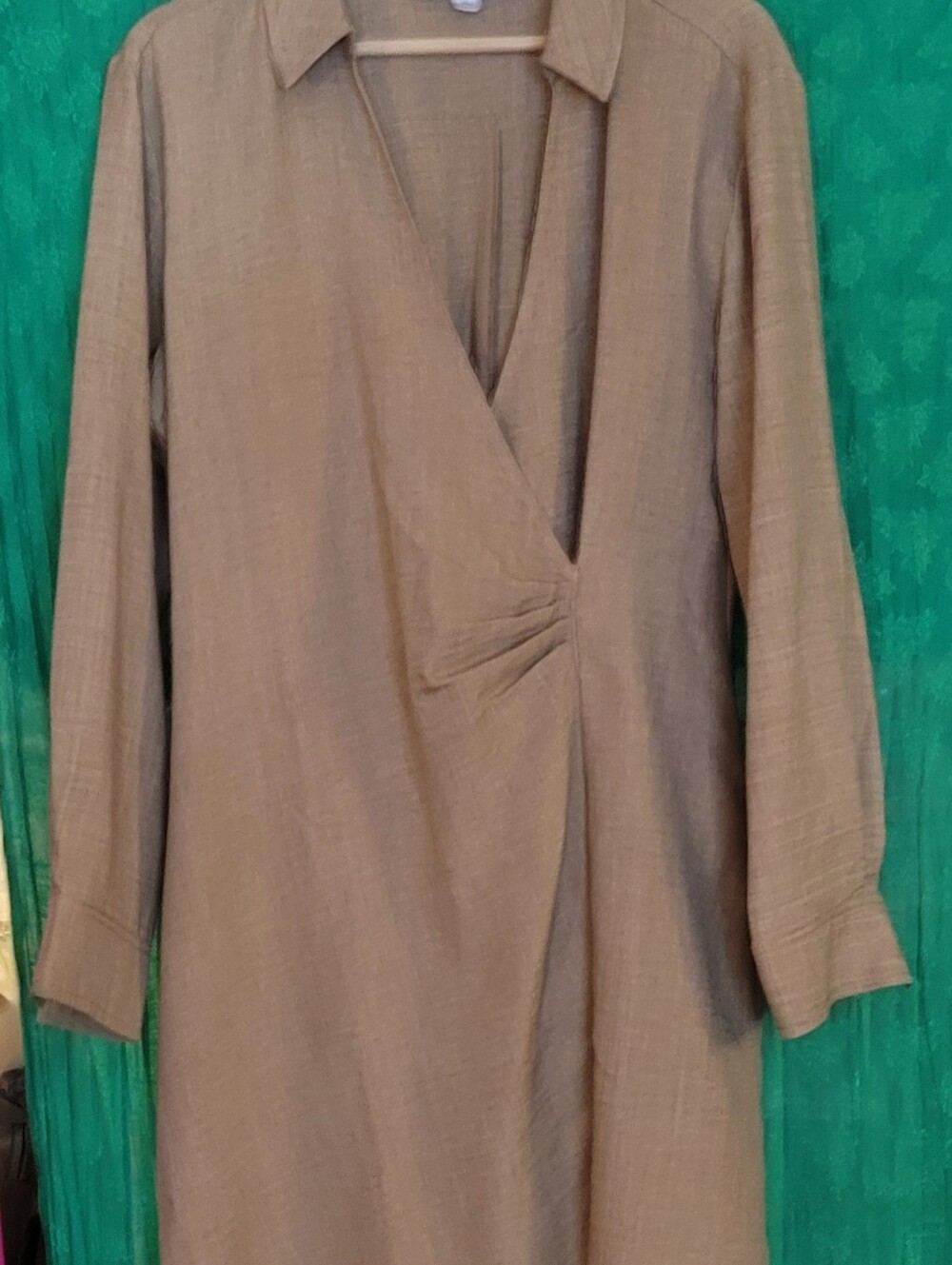 Neutral Taupe Long Sleeve Wrap-Style Midi Dress